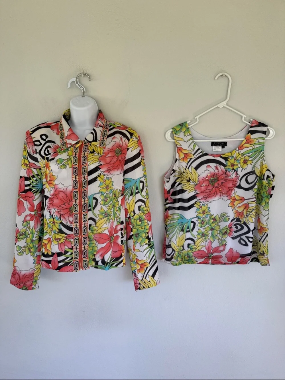 City Girl Nancy Bolen white pink tropical floral matching jacket tank set S/M